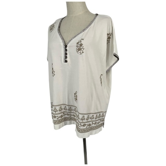 Pure Jill Embroidered Buttoned V Neck Tee White Multi Floral Print Cotton PL - Picture 3 of 10